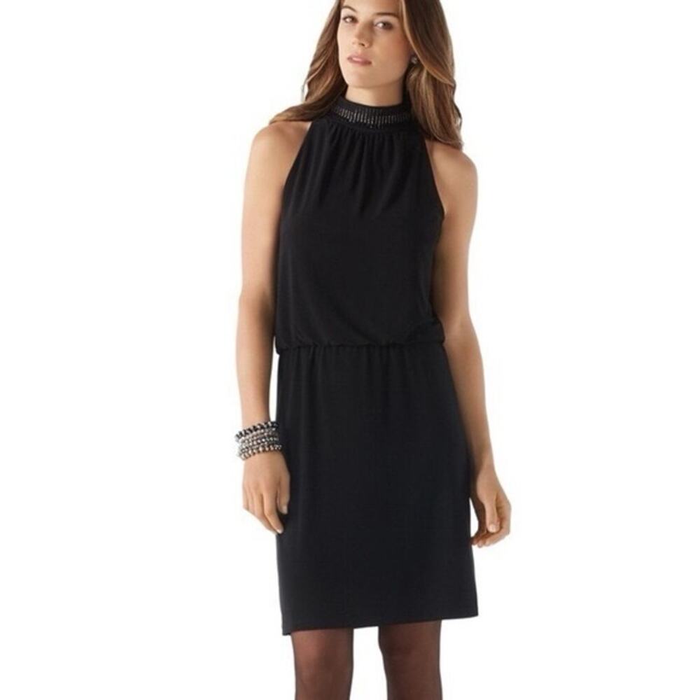 NWOT WHITE HOUSE BLACK MARKET Dress S Black Sparkle Mockneck Halter Sleeve